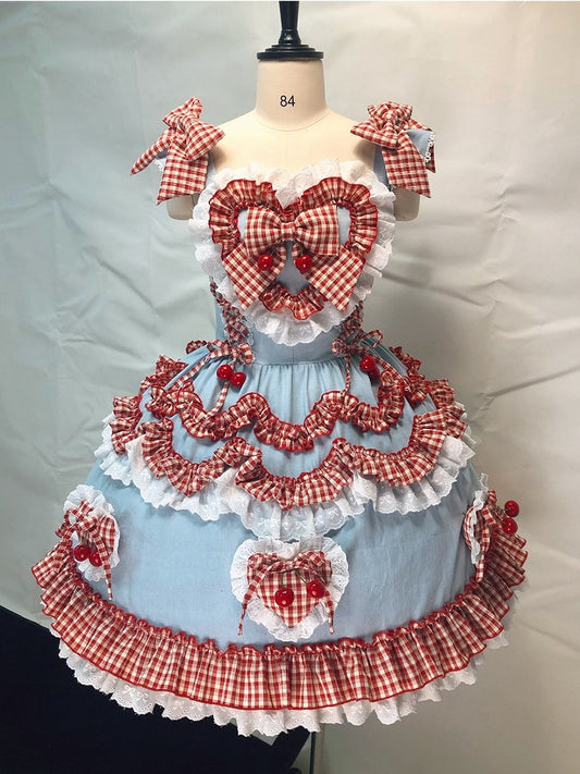 Scarlet and Navy Cherry Polka-Dot Lace JSK - Rosede Cheese