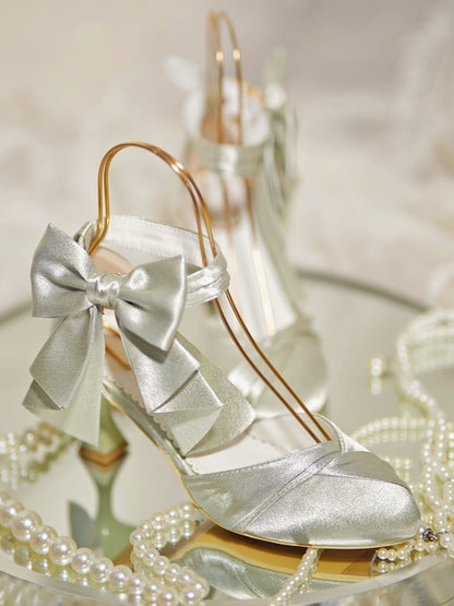 Toe Elegant Satin Heart Buckle Green High-heel with Delicate Bow in Shoes Pointed Light