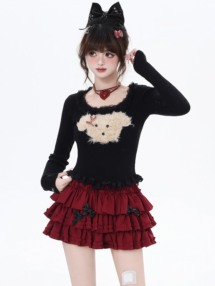 White/Grey/Black Plush Puppy Applique Lace Trim Knit Top
