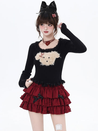 Weiß/Grau/Schwarzes Stricktop mit Plüschwelpen-Applikation und Spitzenbesatz