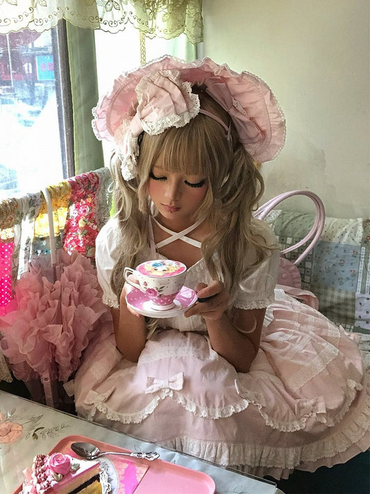 Pink & Black Bow Lace Bonnet with Ruffle Details - Hana Studio