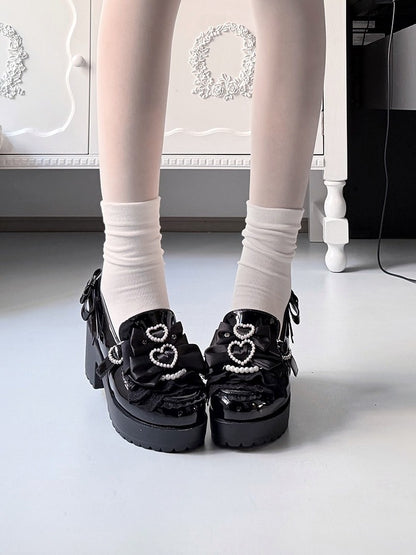 Jirai Kei Pearl Heart Bowknot Lace Ruffle Sneakers - Transfer Student