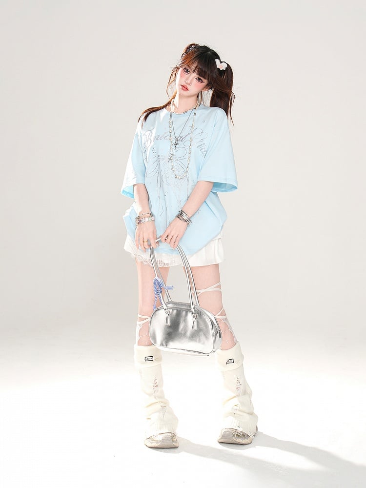 T-Shirt Loose Blau/Weiß Schlüssel- und Schleifendruck Spitzenbesatz