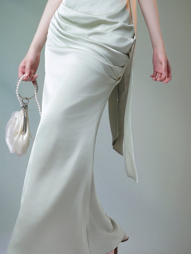 Green Satin Fish Tail Dress with Self-Tie Strap and Lace Waist - sijinstudio
