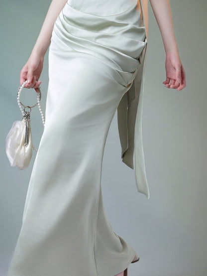 Green Satin Fish Tail Dress with Self-Tie Strap and Lace Waist - sijinstudio