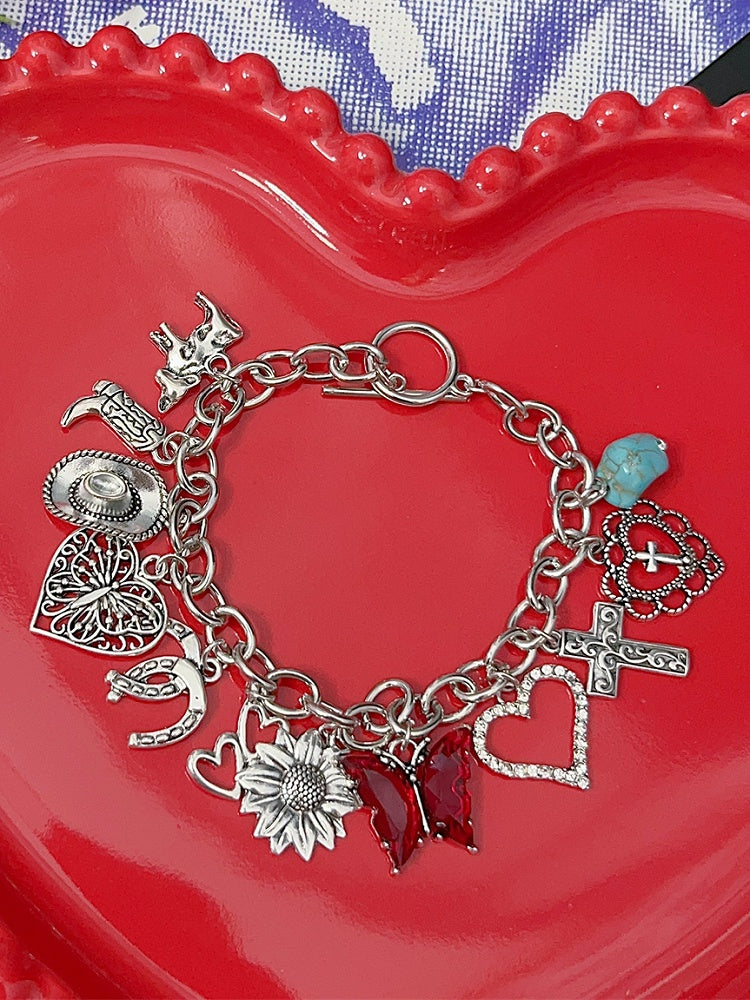 Armband Y2K Silber/Rot und Schmetterling Kreuz Herz Charm