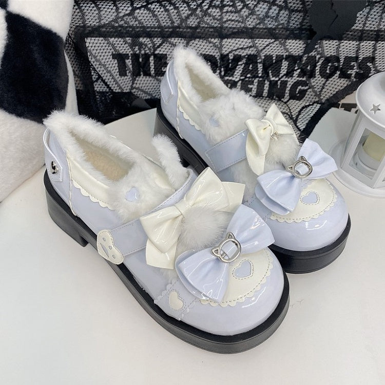 Bow Heart Sweet and Details Accents PU Heels Platform Blue White with Mid Lolita