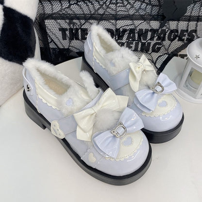 Bow Heart Sweet and Details Accents PU Heels Platform Blue White with Mid Lolita