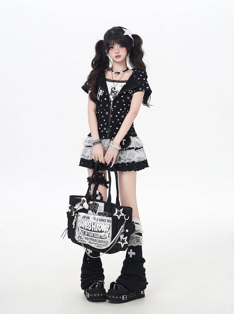 White/Black Y2K Star and Heart Print Zip-up Off Kitty Ears Hood Allover Jacket
