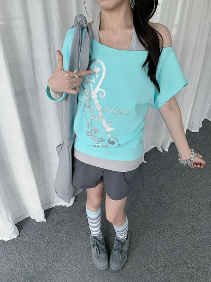 Mint Two-Piece Off-Shoulder Tee with Key Graphic - Solkatt