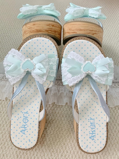 Lolita - Top Bow Slippers Satin Sole Mint Grain Wa at Platform Wood