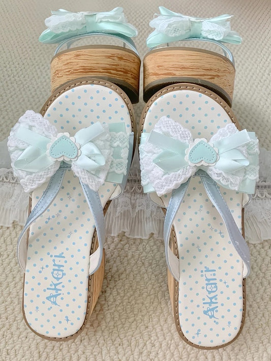 Lolita - Top Bow Slippers Satin Sole Mint Grain Wa at Platform Wood