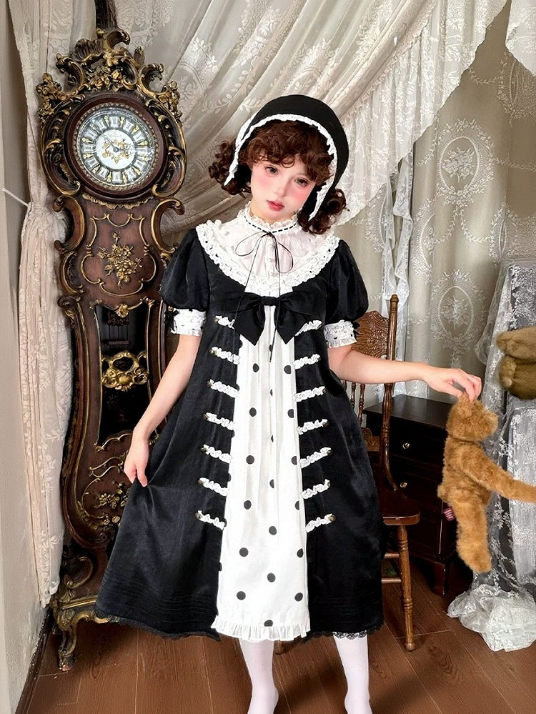 Vintage Gothic Puff Sleeve Lolita Doll Dress with Polka Dot and Lace - Charing Cross
