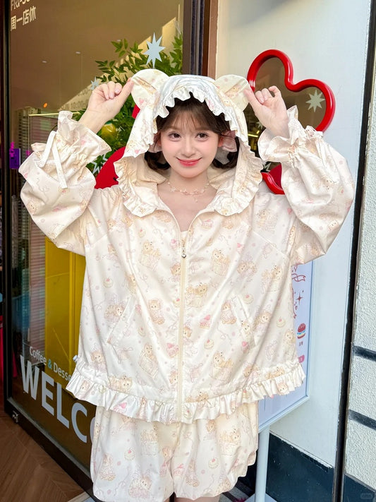 袖口キティベージュ全体にキティプリントフード日焼け防止ジャケット耳ドローストリング