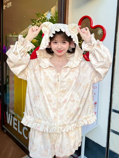 Beige elastische Bubble Shorts Print Allover Kitty Taille