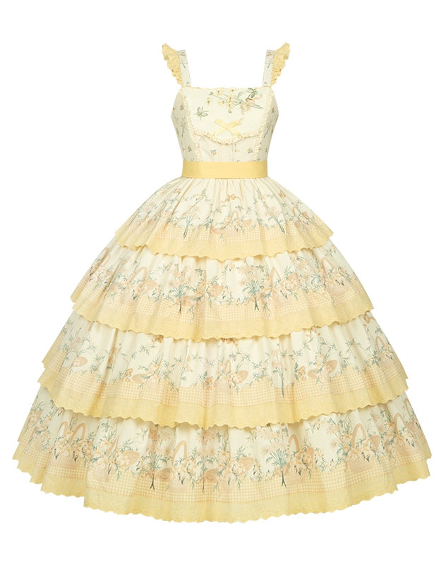 Lily Cherry Tiered Floral Dress Lolita Skirt Jumper Yellow and Classic Print