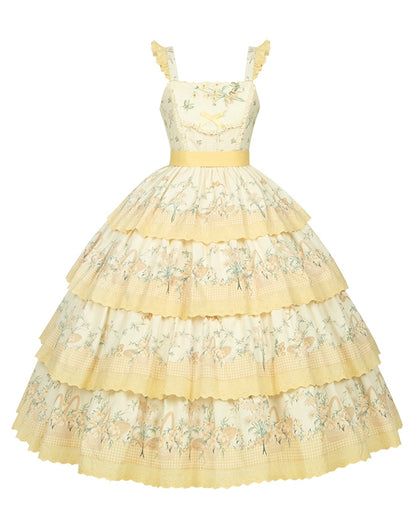 Lily Cherry Tiered Floral Dress Lolita Skirt Jumper Yellow and Classic Print