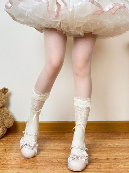 Lolita Calf Socks in White & Milk White with Lace Trim & Bow Accent - Fat Bear Story