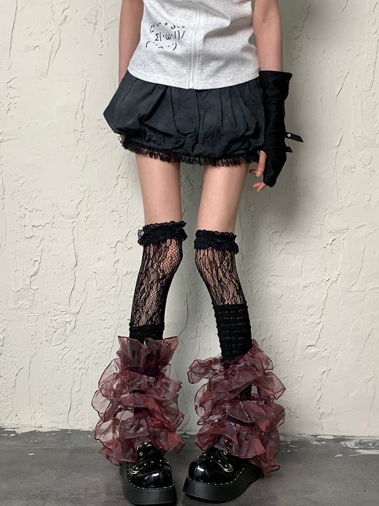 Y2K Lace Multi-layered BlackRed Sleeves Leg Trim