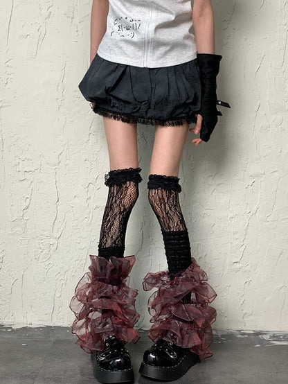 Y2K Lace Multi-layered BlackRed Sleeves Leg Trim