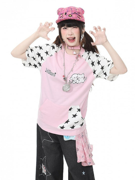 Pink Star Print Short Sleeve Tee with Cat Embroidery - Languid Park