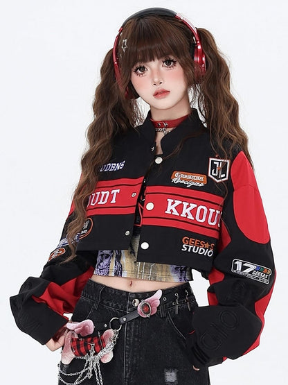 with Jacket Black Embroidery Fleece and Two-Way Baseball Letters Colorblock Detachable Red