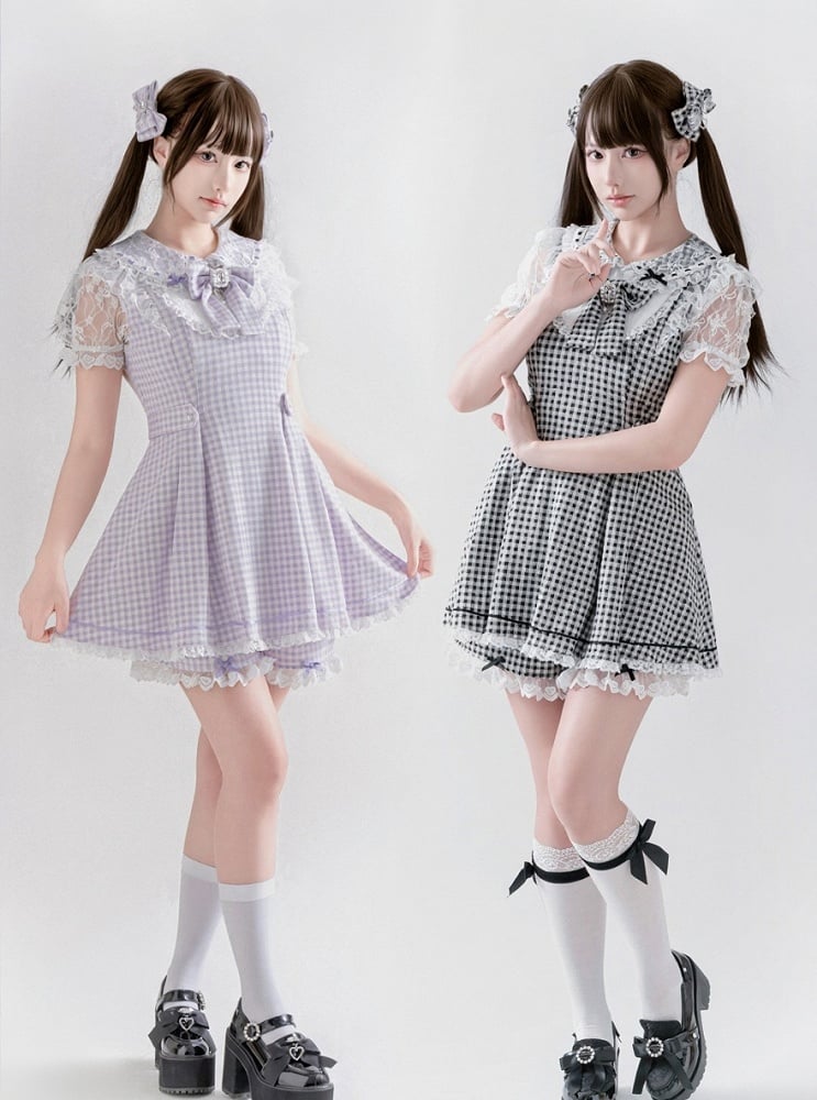 Black & White Plaid Bow Lace Dress with Shorts - Ostslheep
