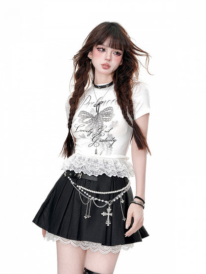 Gray/White Butterfly Ruffled Lace Trim T-Shirt