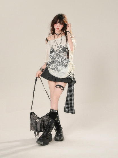 アシンメトリーヘムの華やかなダークグレーのチェック柄パッチワークデザインプリーツスカート