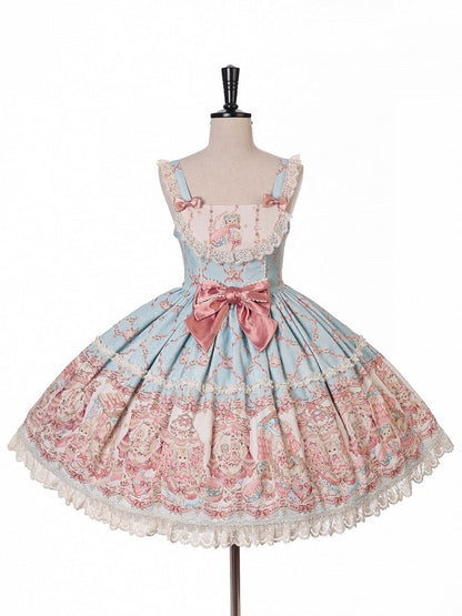 Blue and Pink Sweetheart Doll-Themed Lolita JSK with Toy Bed Print, Bow and Lace Accents - Alice Girl