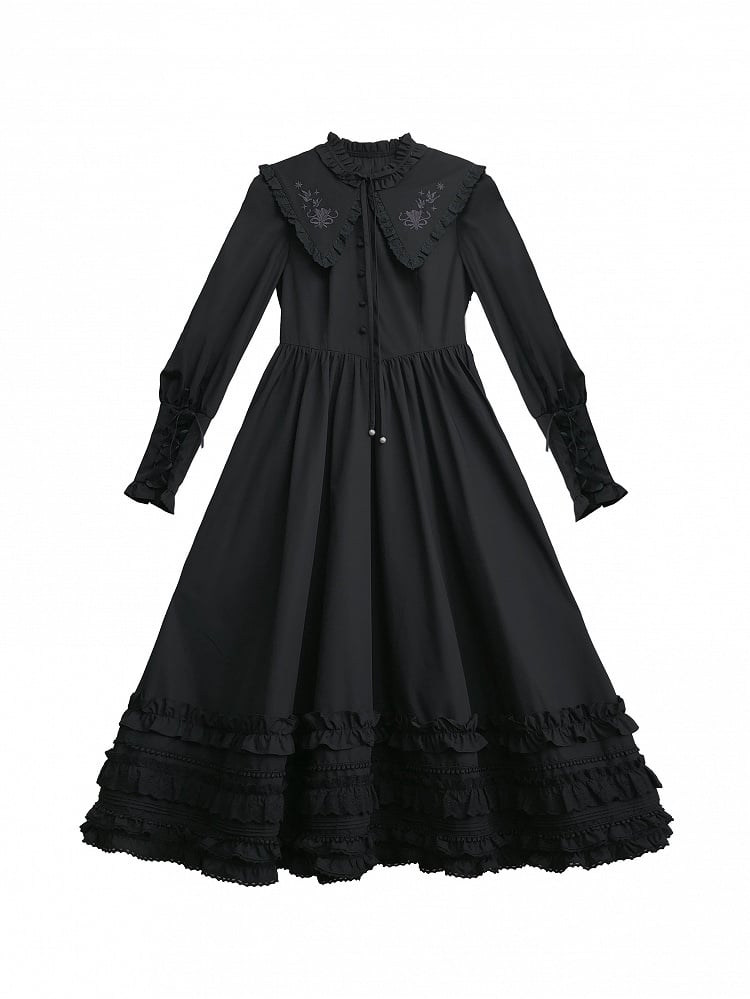 Floral Collar Vintage Cuffs Dress Lace-up Sleeves Leg-of-Mutton with Black Embroidery