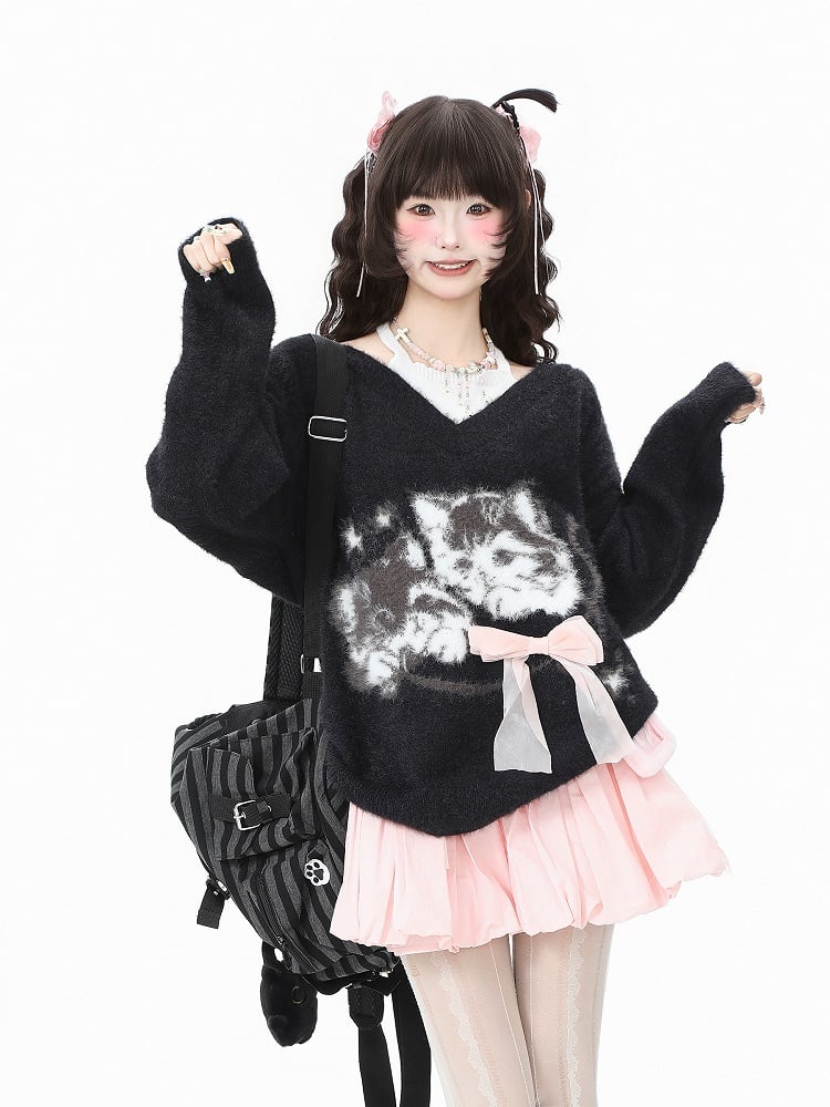 with Cat Sweater Bow Green/Black Pink Faux Two-Piece Knit Print