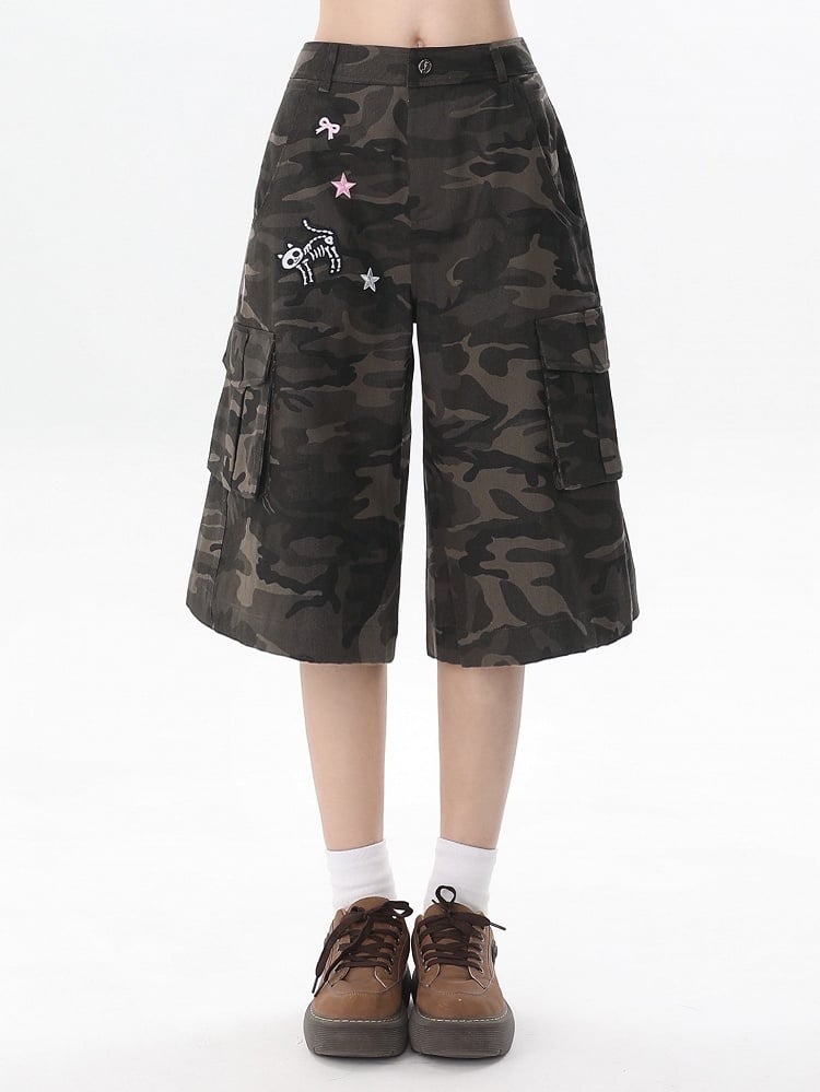Camouflage Shorts Cargo Skeleton Embroidery Kitty Star with