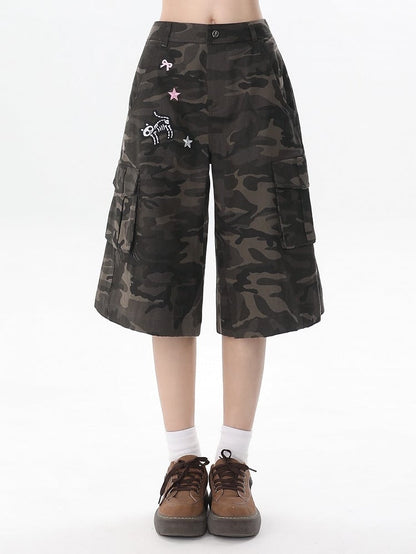 Camouflage Shorts Cargo Skeleton Embroidery Kitty Star with