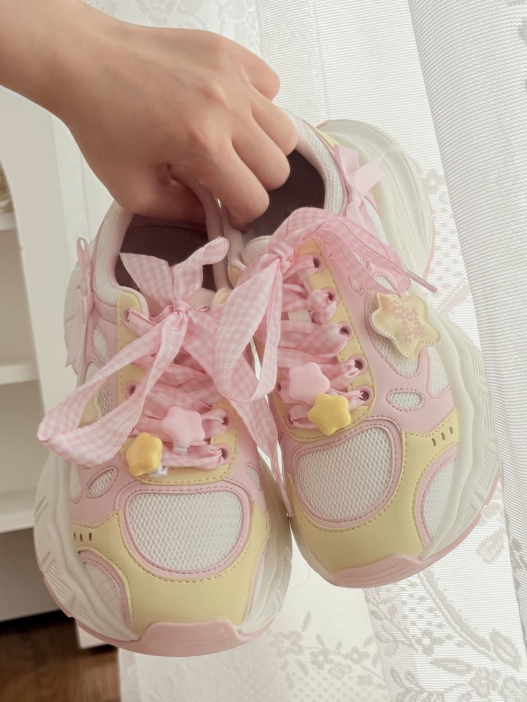 in Platform Pink Lolita Design Bow Plaid Lace-up Star Sweet Details Sneakers Yellow And
