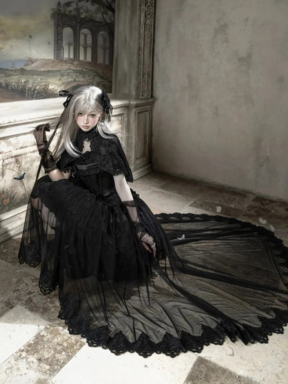 Black Lolita Dress Set with Basque Waist and Lace-Up - Airfreeing