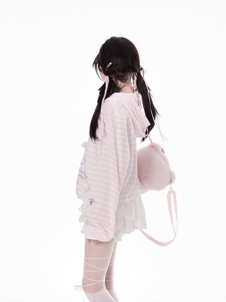 Pink Striped Hooded Jacket Closure Zip Pattern Y2K Autumn Print for