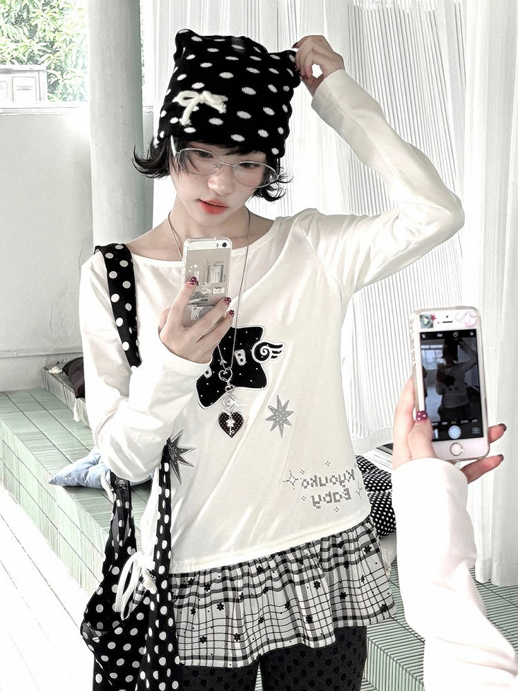 Design Long Daily with Star White Appliques Sleeve Top Kawaii Patchwork