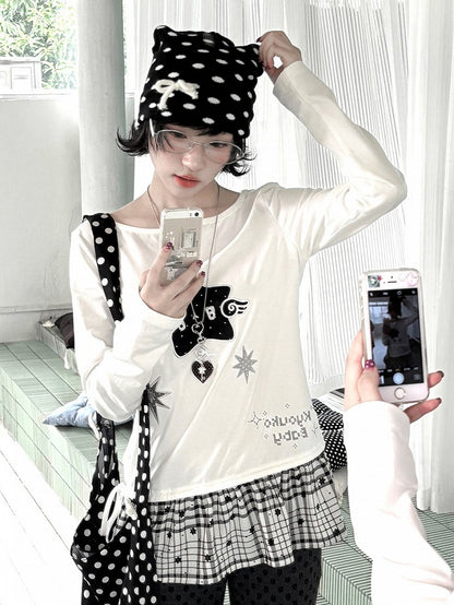 Design Long Daily with Star White Appliques Sleeve Top Kawaii Patchwork