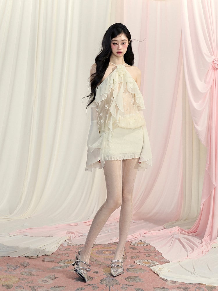 Kaskadierende Rüschenakzente Mesh-Oberteile Ärmel Apricot Neckholder Glocke