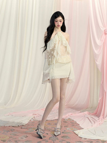 Kaskadierende Rüschenakzente Mesh-Oberteile Ärmel Apricot Neckholder Glocke