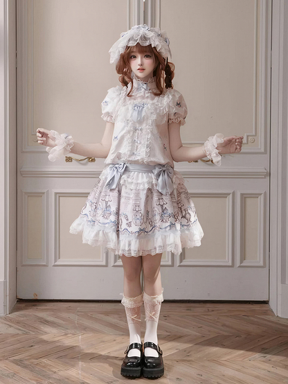White & Blue Low Waist Antique Print Lolita Dress with Bows - Meng Fu Zi