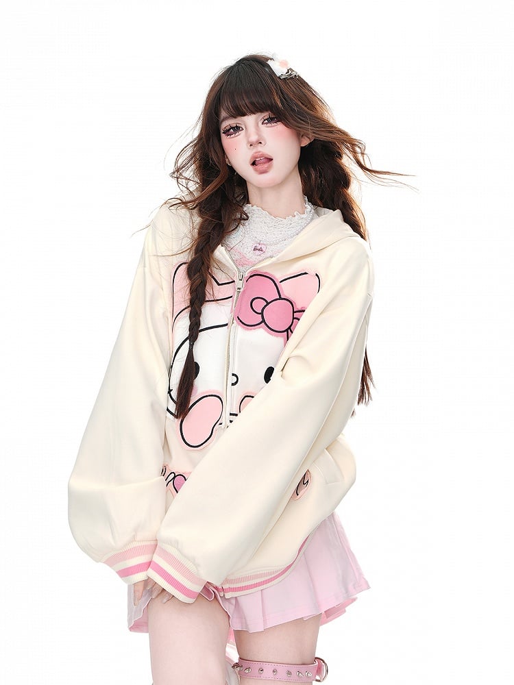 Apricot/Schwarz – Oversize-Kapuzenpullover mit Kätzchen-Stickerei und Reißverschluss