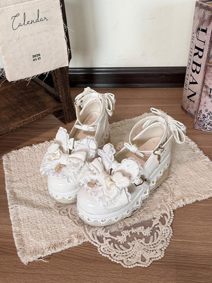 White Kawaii Bowknot Lace Round Toe Shoes with Rabbit Ears - Cheese Mango