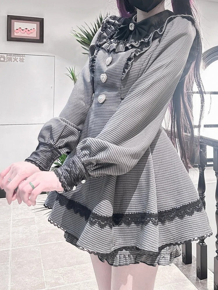 Mini Puff Detachable Collar Gray with Houndstooth Set Kei - Matching Jirai Dress Shorts Dark