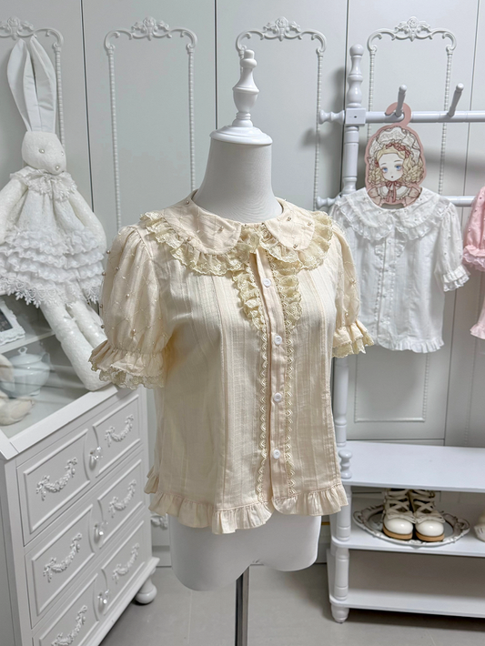 Beige Short Sleeves Lolita Cotton Blouse Lace Trim Bead Details - Jelly Girl
