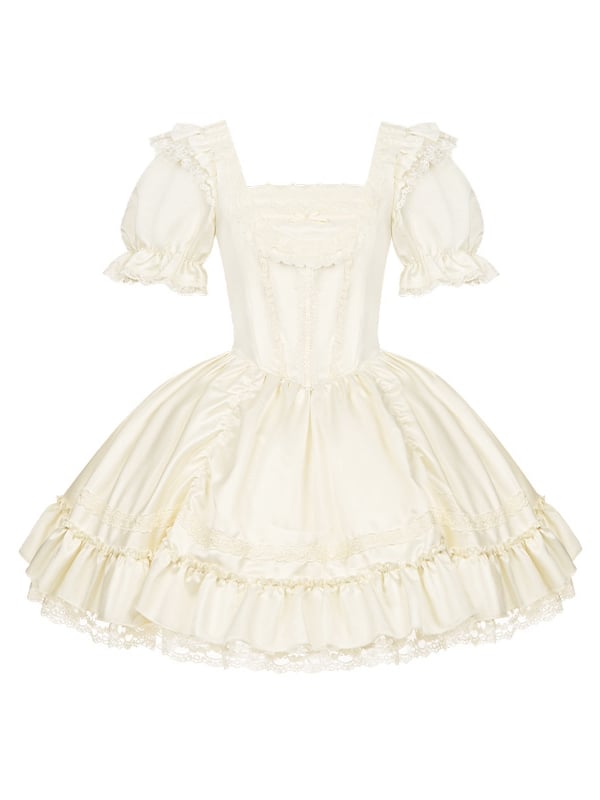 Dress Beige and Sleeves Lolita Elegant Puff Short Neckline Classic Square
