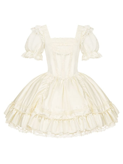 Dress Beige and Sleeves Lolita Elegant Puff Short Neckline Classic Square