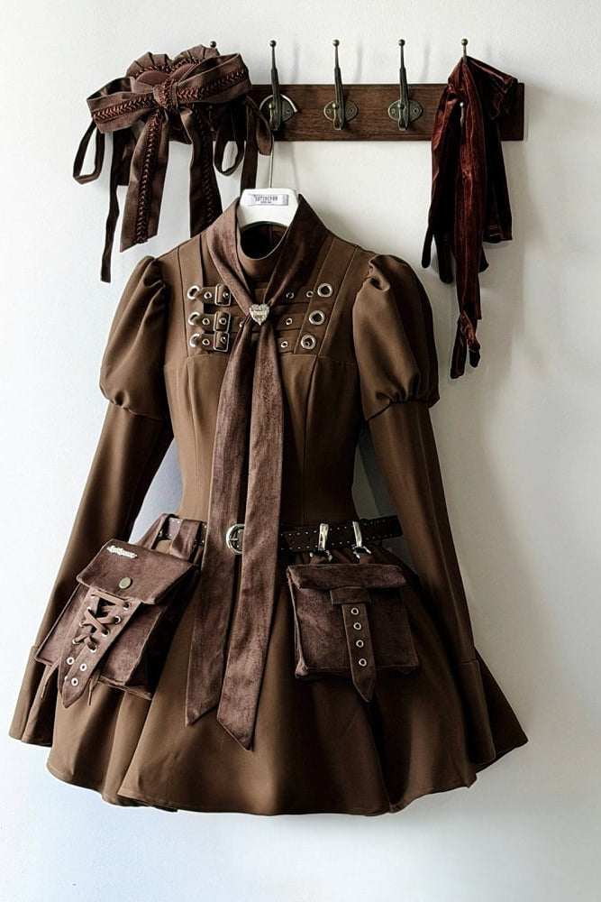 Steampunk Brown x Gothic Black Mode Buckle High Collar Puff Sleeve Doll Dress