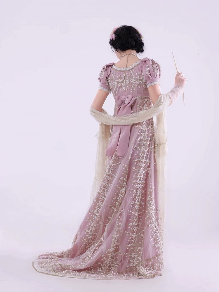 Rosa Empire Taille Floral Elegantes Lolita Maxikleid Bodenlange Version